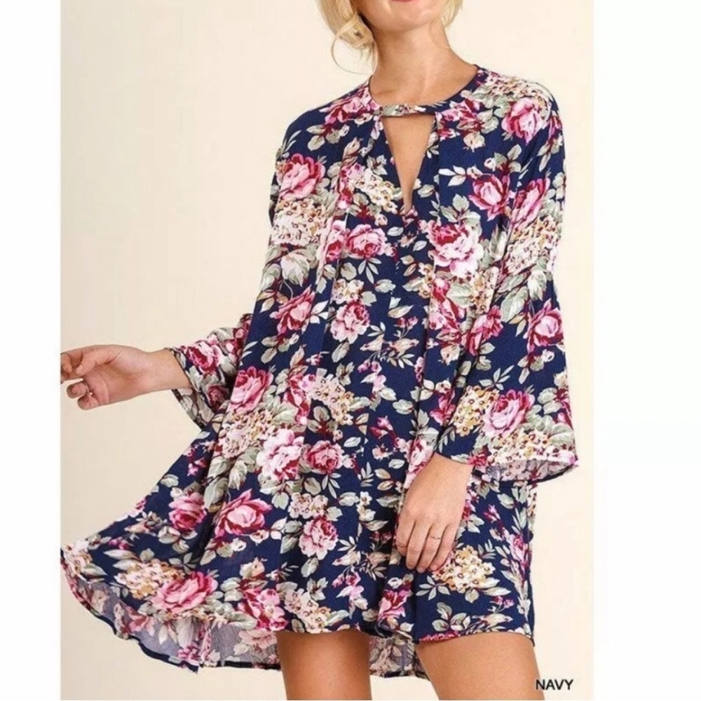 Umgee Navy Blue Pink Floral Tunic Dress Size Medium